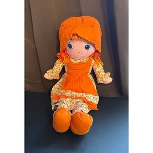 Vintage Cuddle Wit Rag Doll Orange Yarn Hair Floral Dress Apron 27 Inches